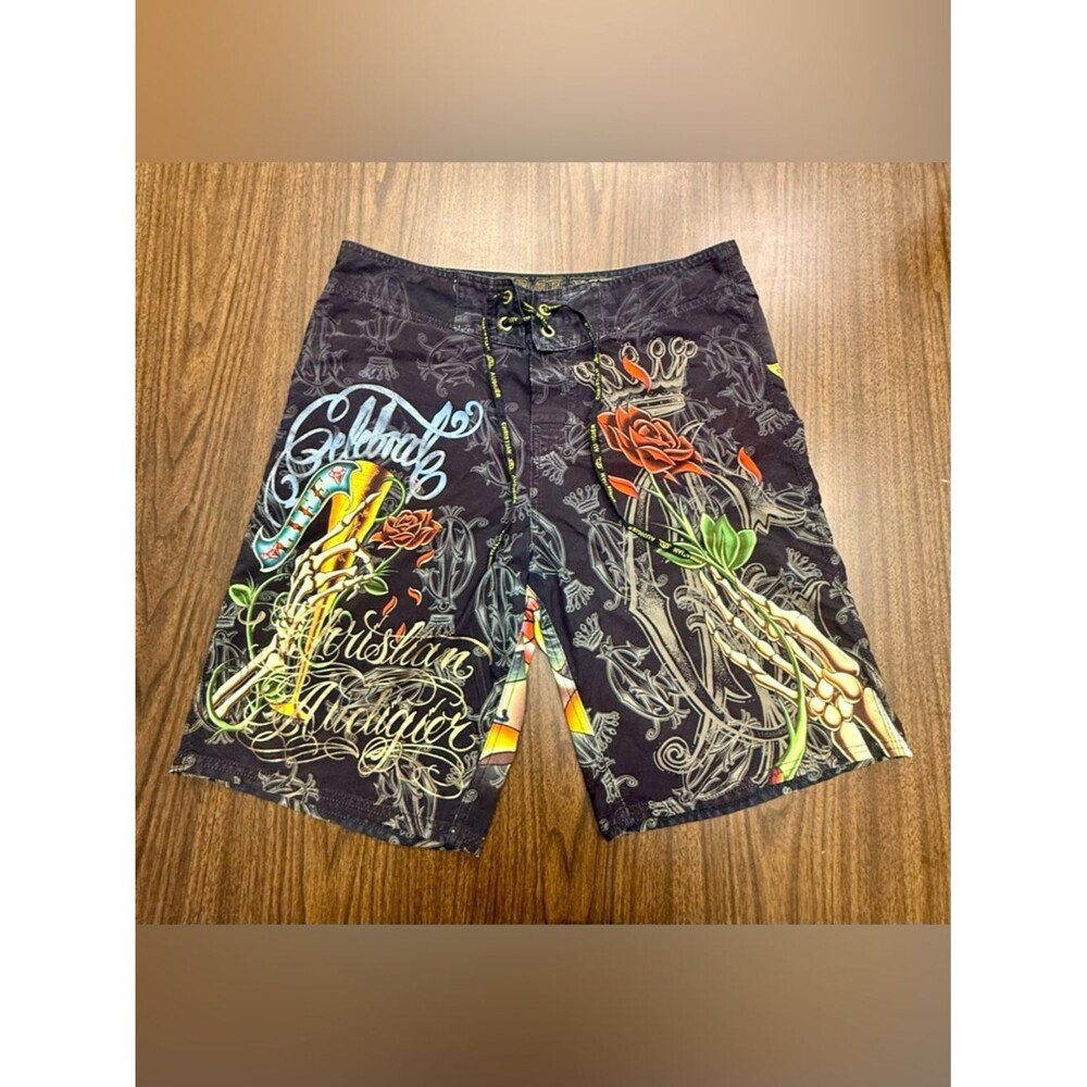 Christian Audigier Ed Hardy Board Shorts with Multicolor Graphics Y2K